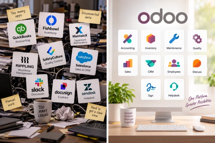 Compare scattered single purpose apps to organized Odoo ERP single platform