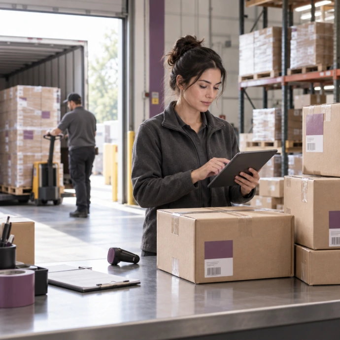 Associate checking incoming merchandise at a warehouse receiving station