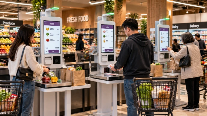 BK Touch Self Checkout Kiosks running Odoo in a grocery store