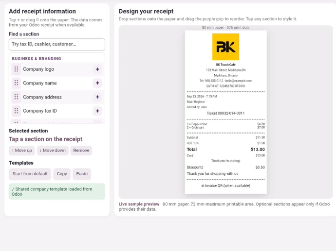 Odoo POS Android Wrapper Configuration Receipt Visual Editor